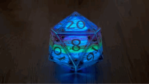 Large d20 glowing in different colors