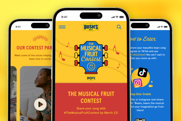 Three phones showing the Bush's Beans website and custom landing pages.