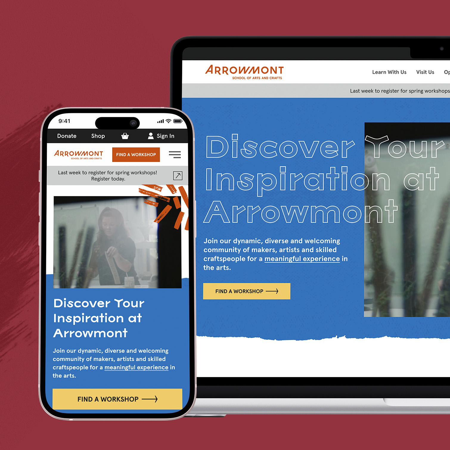 Phone and laptop showing the Arrowmont website homepage.
