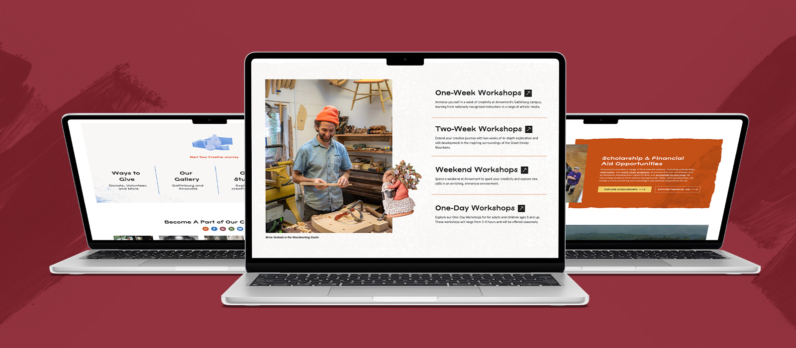 Laptop screens showing the Arrowmont website.