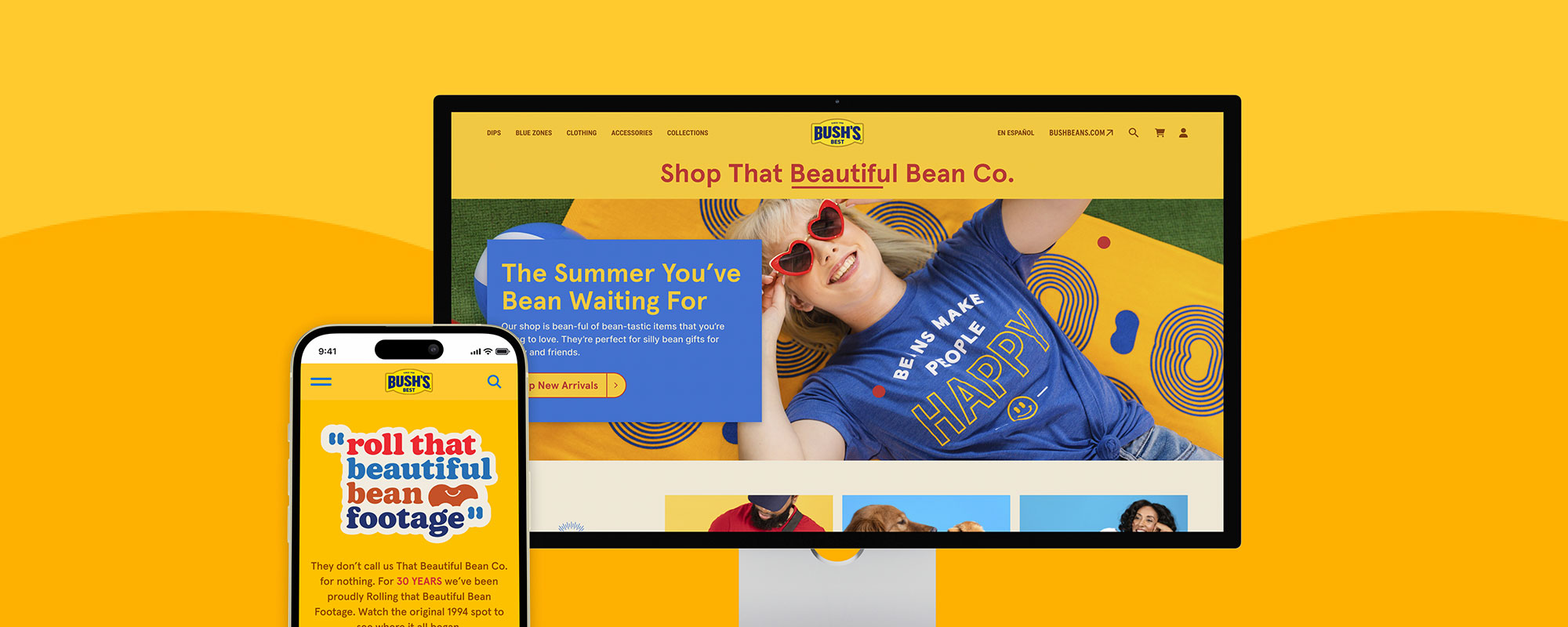 Mobile and desktop screenshots of Bush's Beans shop.