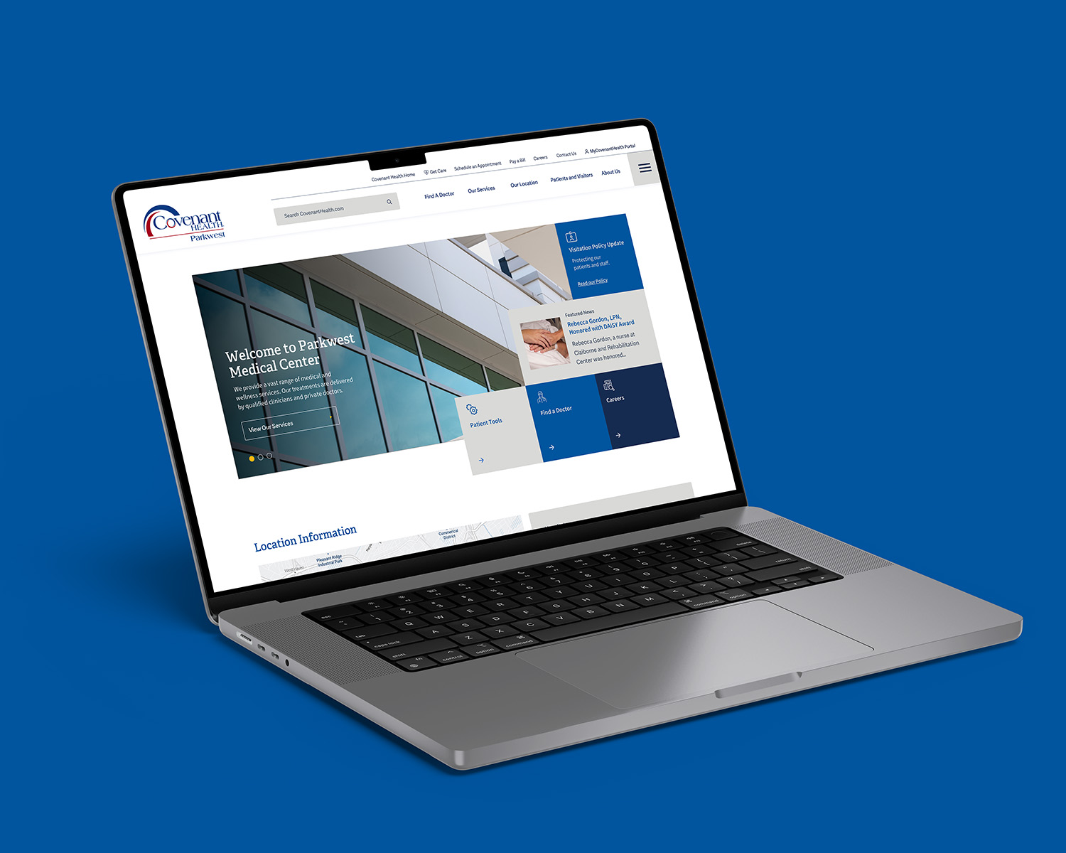 Laptop showing the landing page for Parkwest Medical Center.