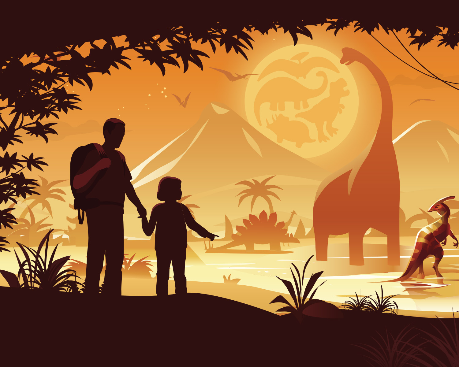 Adult and child stare out at a world of dinosaurs.