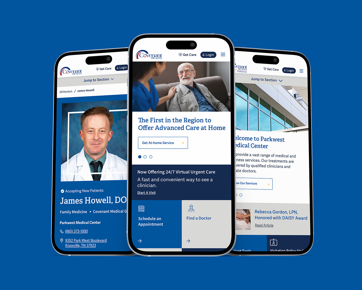 Three phones showing different pages of the Covenant website.