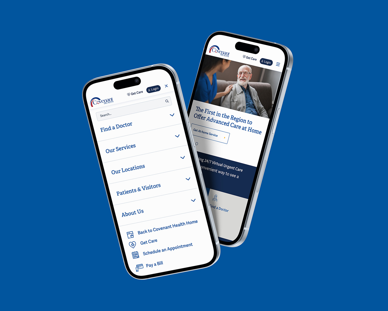 Two phones showing the Covenant Health website menu and another page.