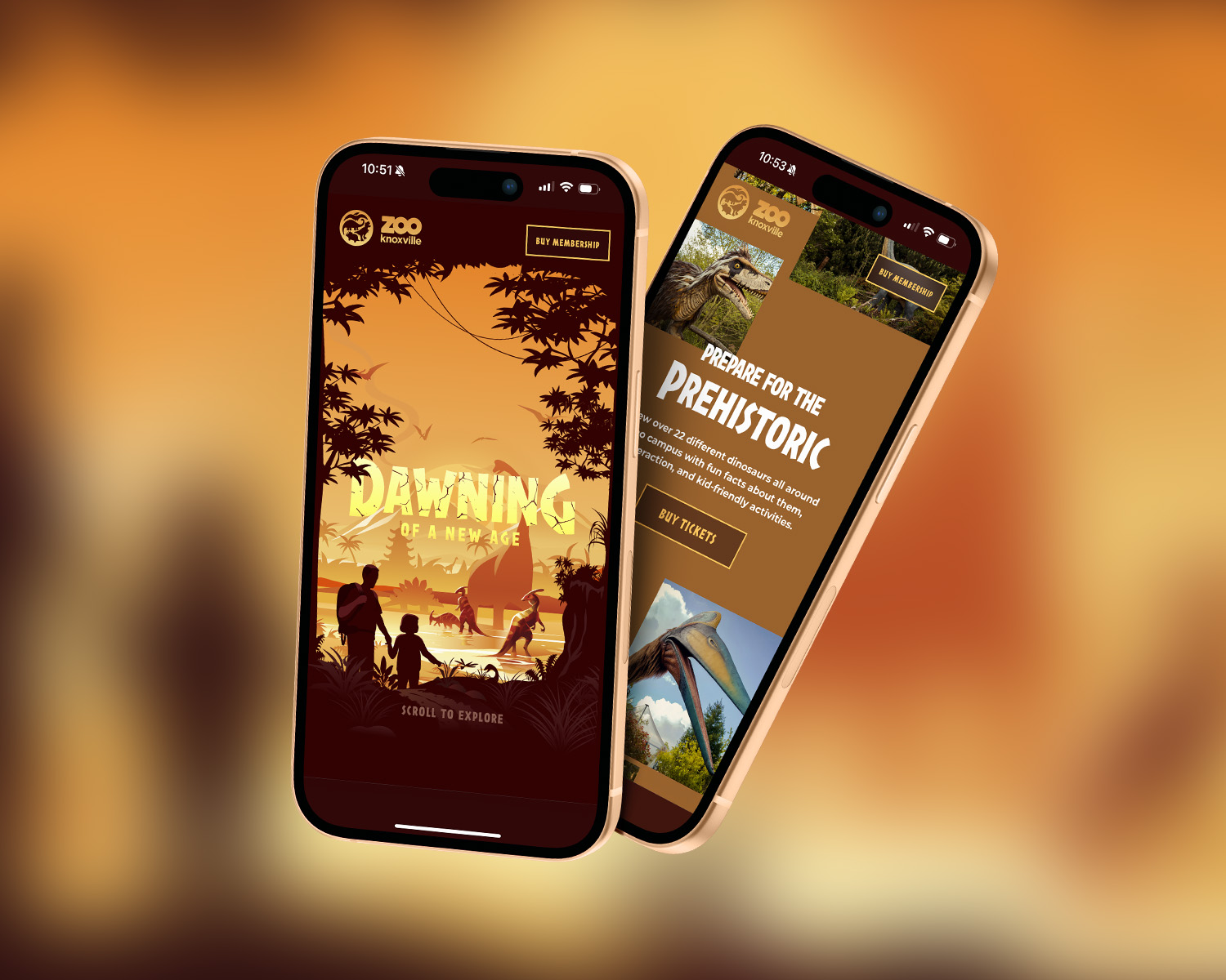 Two phone screens showing pages from the Dawn of the Dinosaurs website.