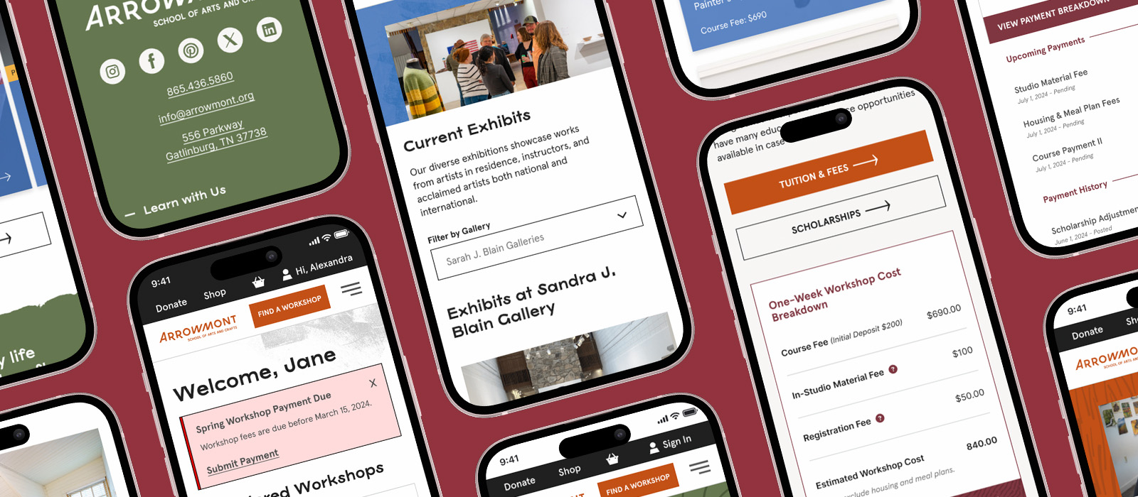 Mobile screenshots of the Arrowmont website.