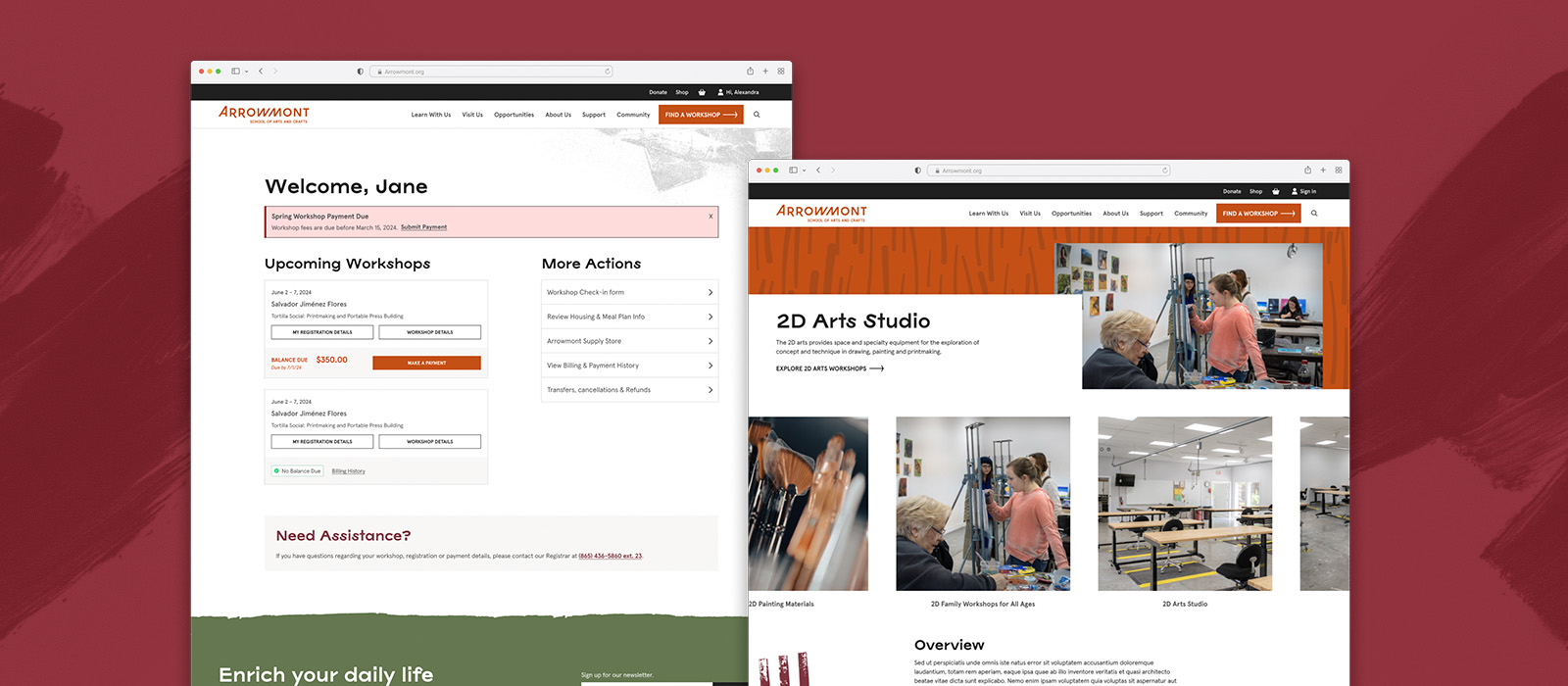 Screenshots of the Arrowmont website.