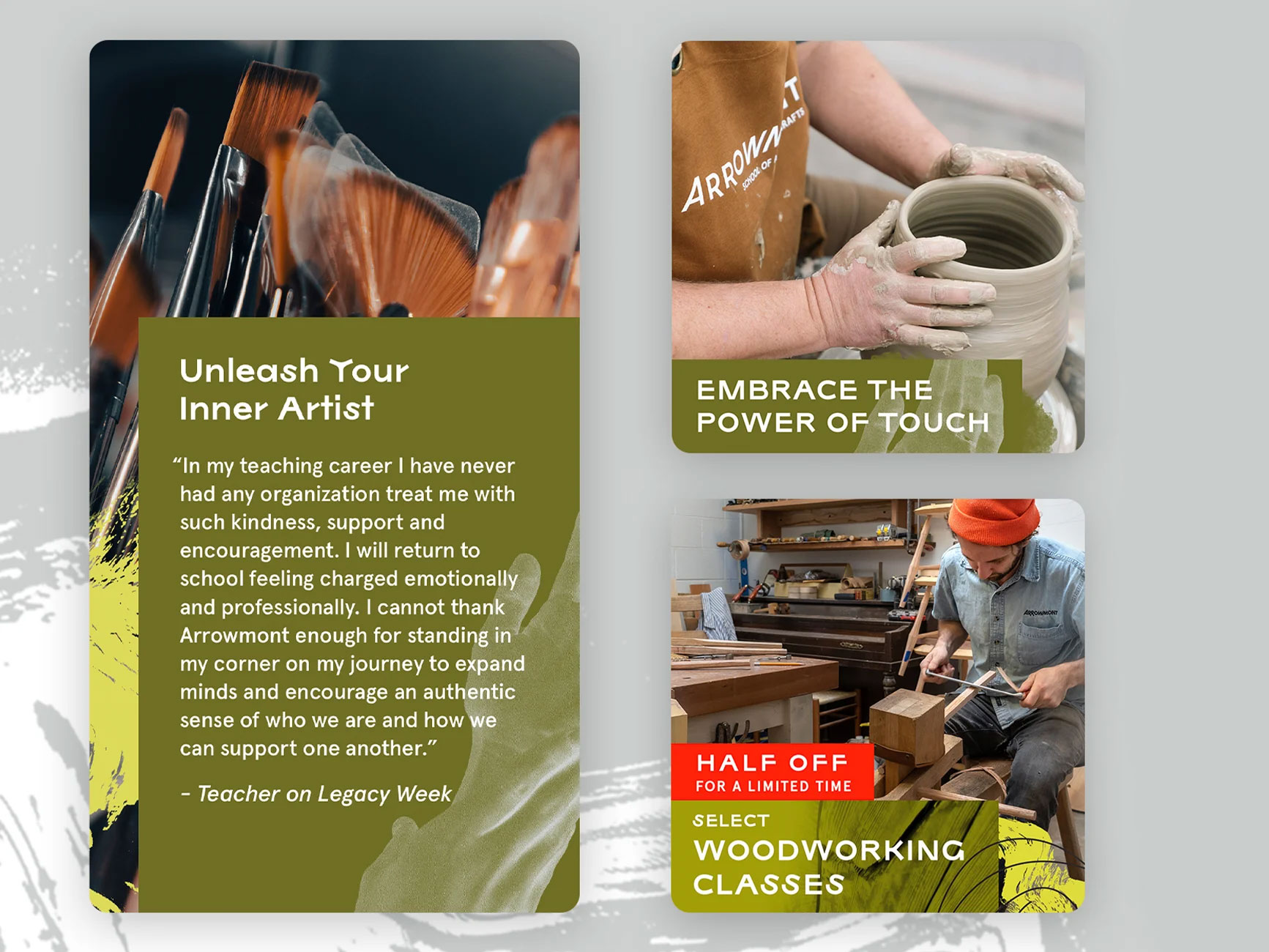 Three designs for Arrowmont social ad placements.