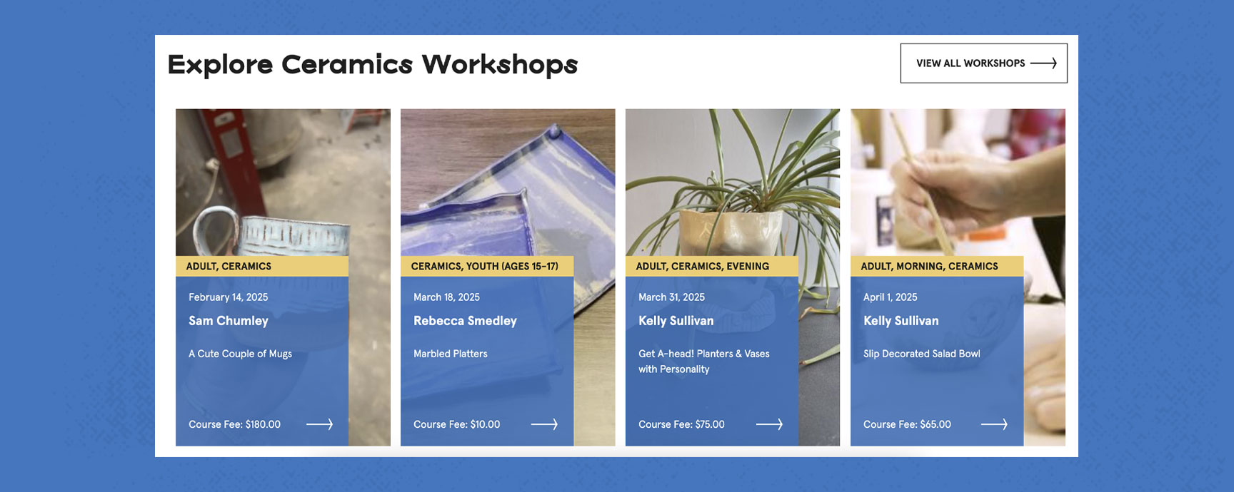 Screenshot of workshops on the Arrowmont website.