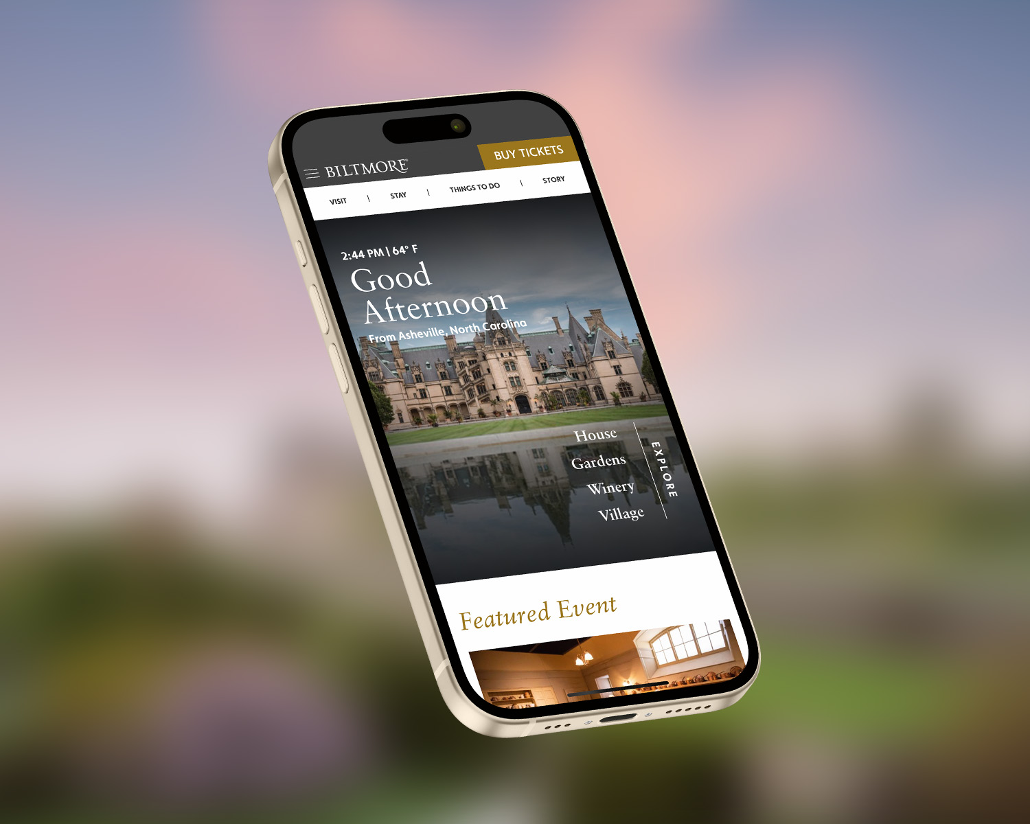 Phone screen showing the Biltmore website homepage.