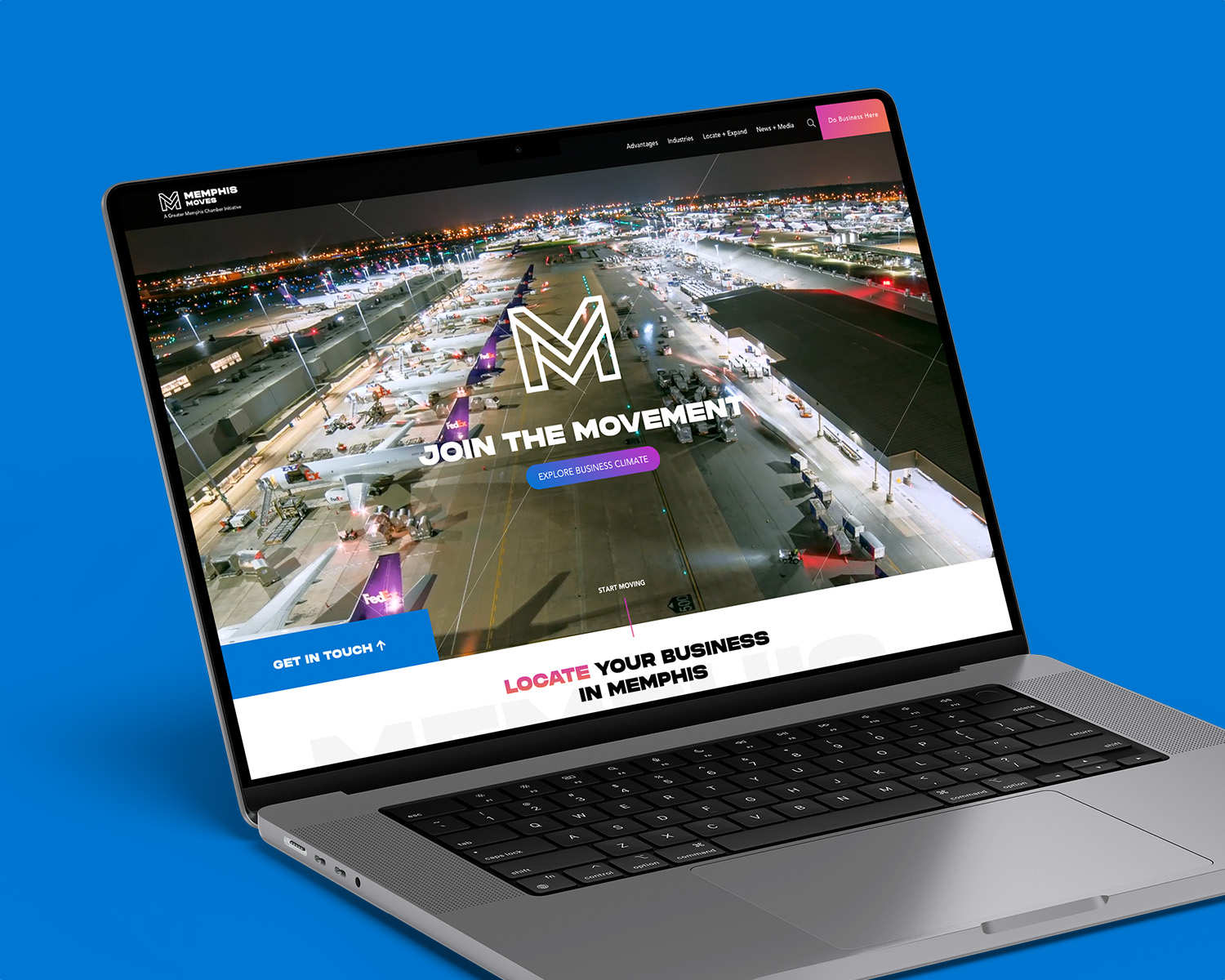 Laptop showing the homepage of the Memphis Moves website.