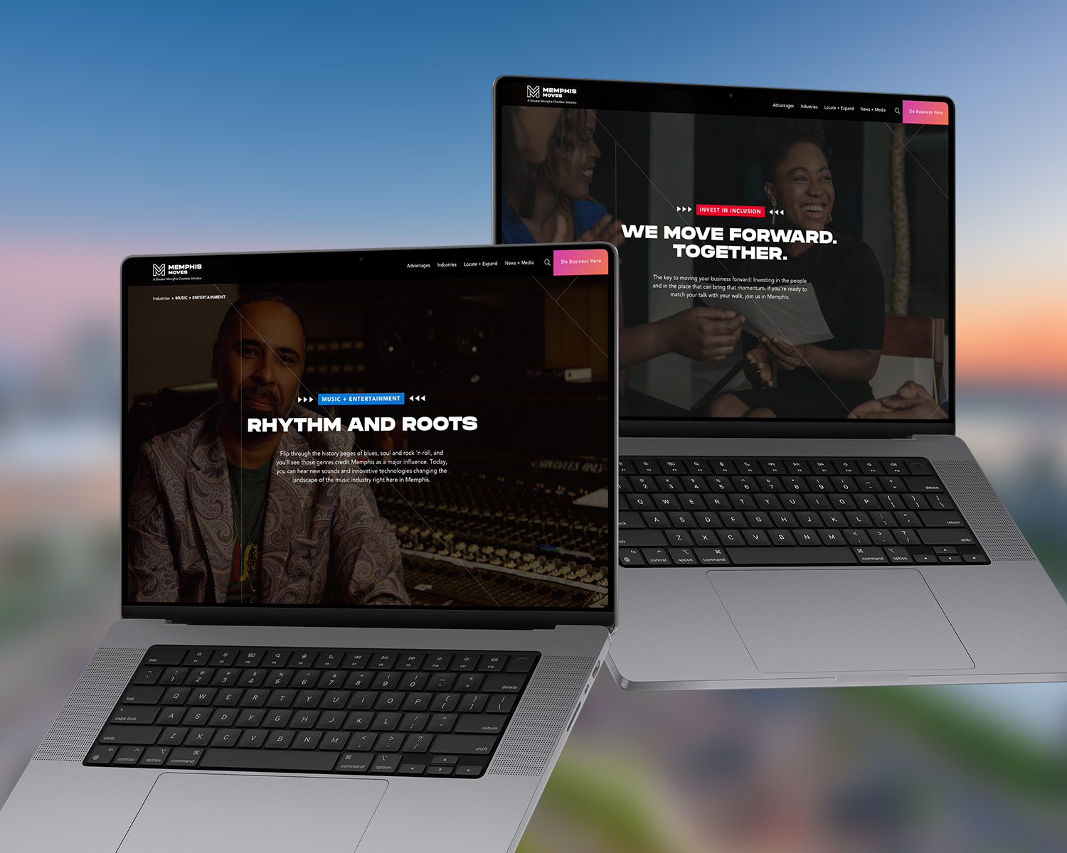 Two laptops showing different pages on the Memphis Moves website.