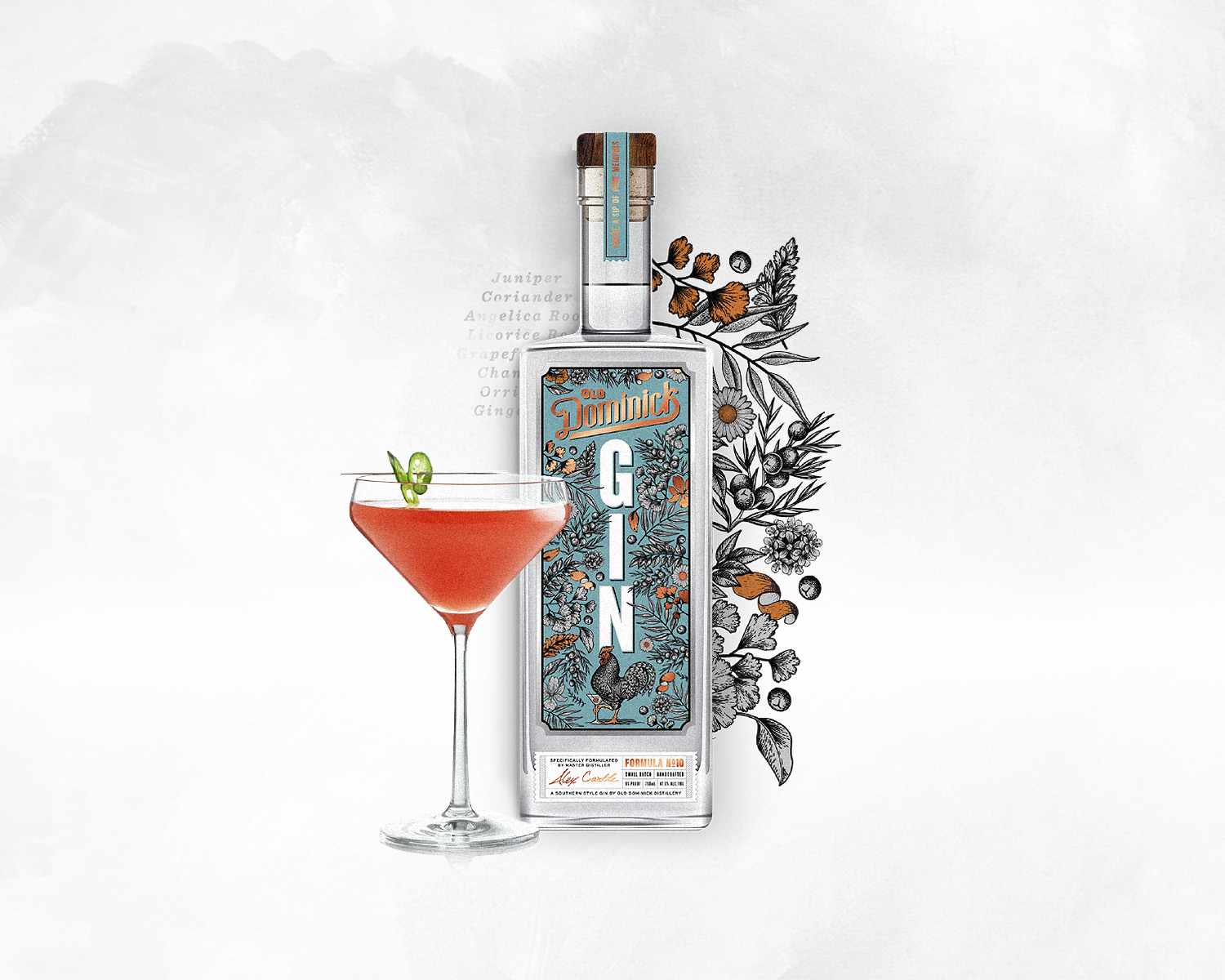 Graphic with gin bottle and cocktail.