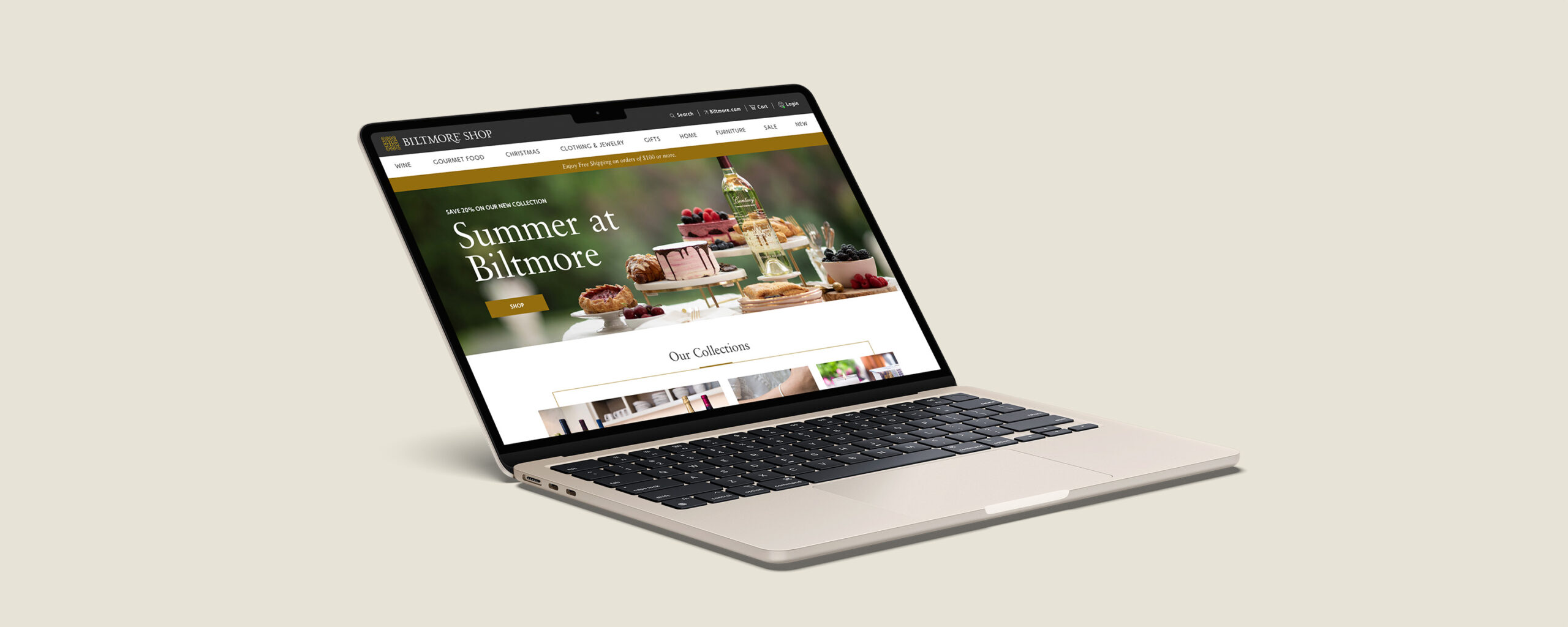 Homepage of Biltmore Shop website on a laptop screen.