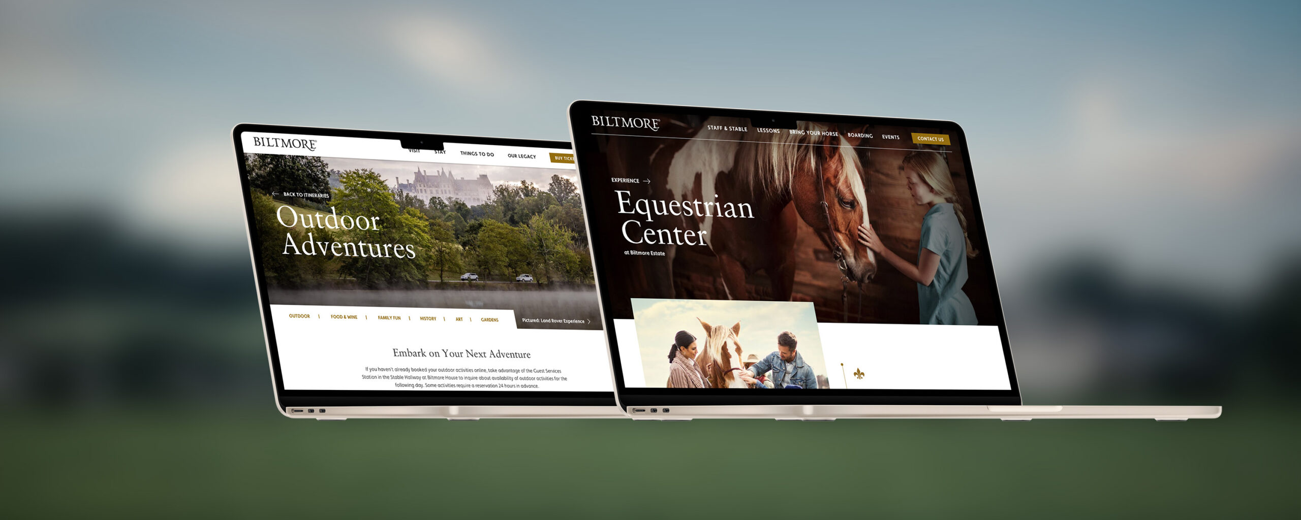 Two laptops showing different pages of the Biltmore website.