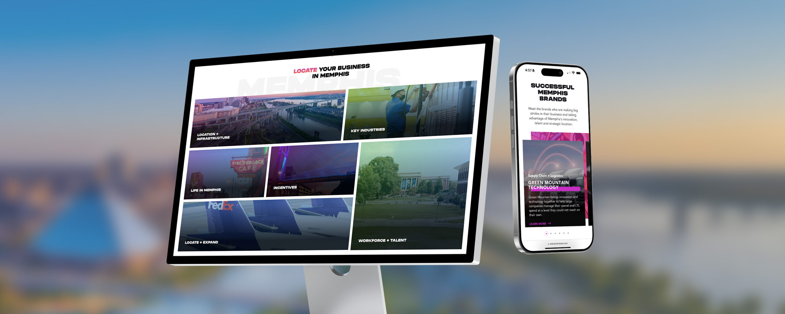 Widescreen Mac and mobile phone showing the Memphis Moves website.