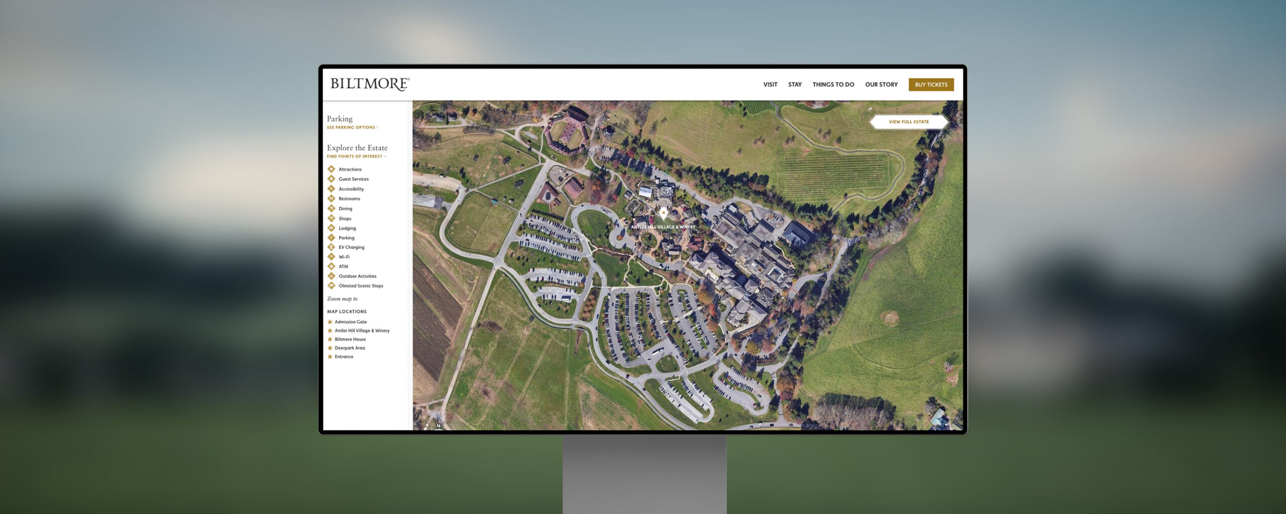 Wide screen showing the Biltmore website's map of the grounds.