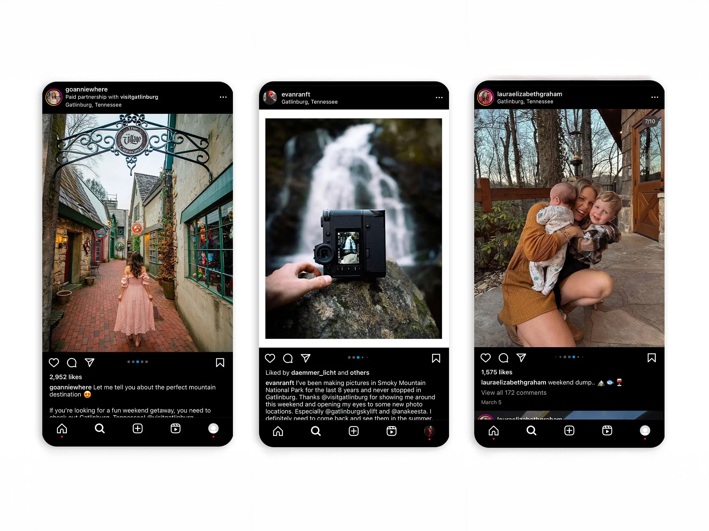 Three Instagram posts from the Gatlinburg Influencer campaign.