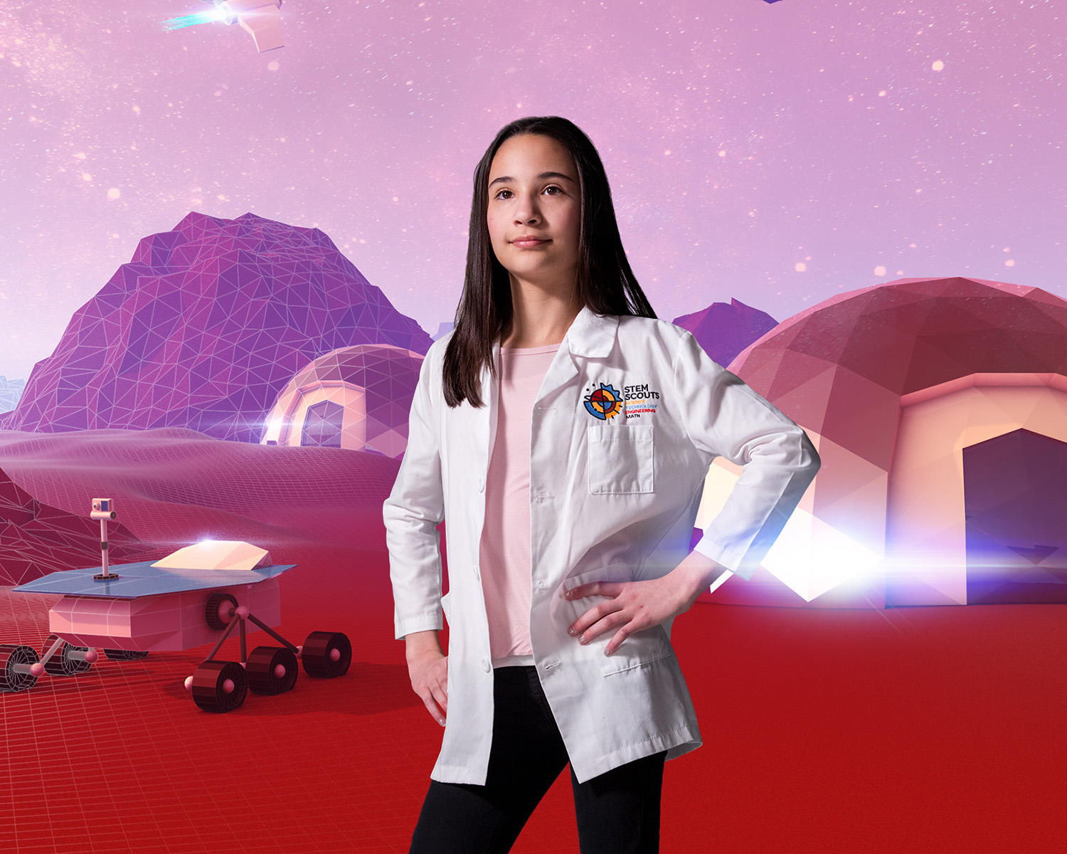 Girl wearing lab coat with a Mars rover in the background.