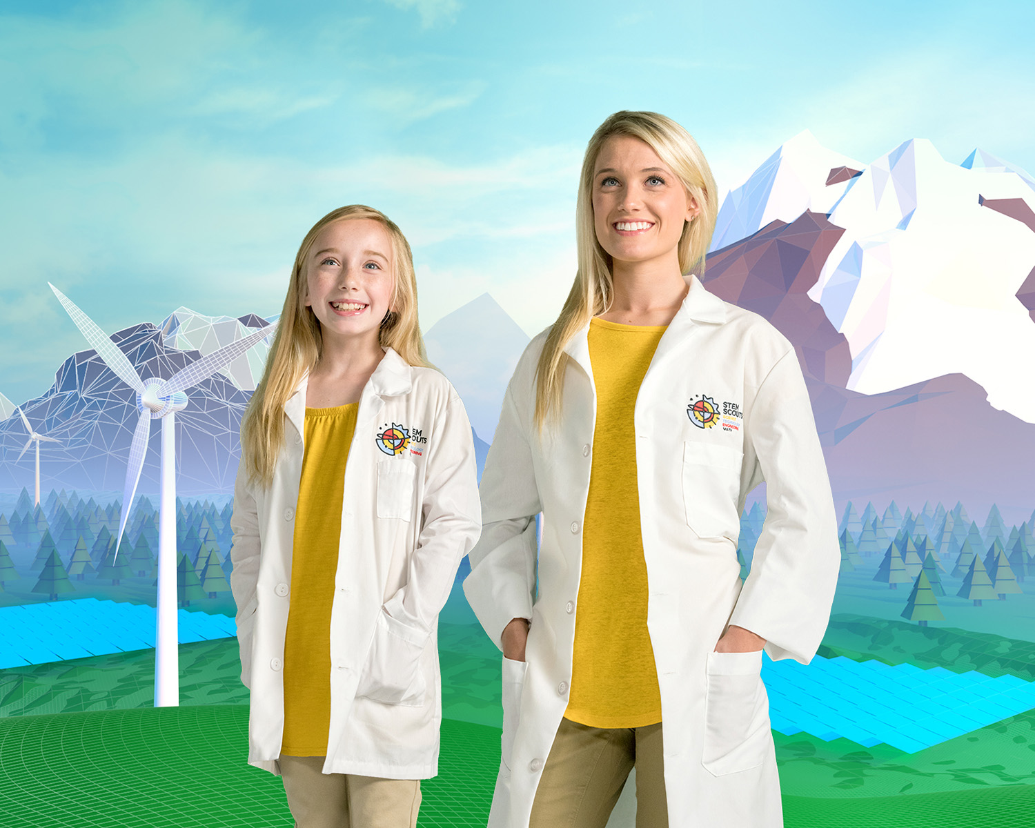 Woman and girl wearing lab coats.