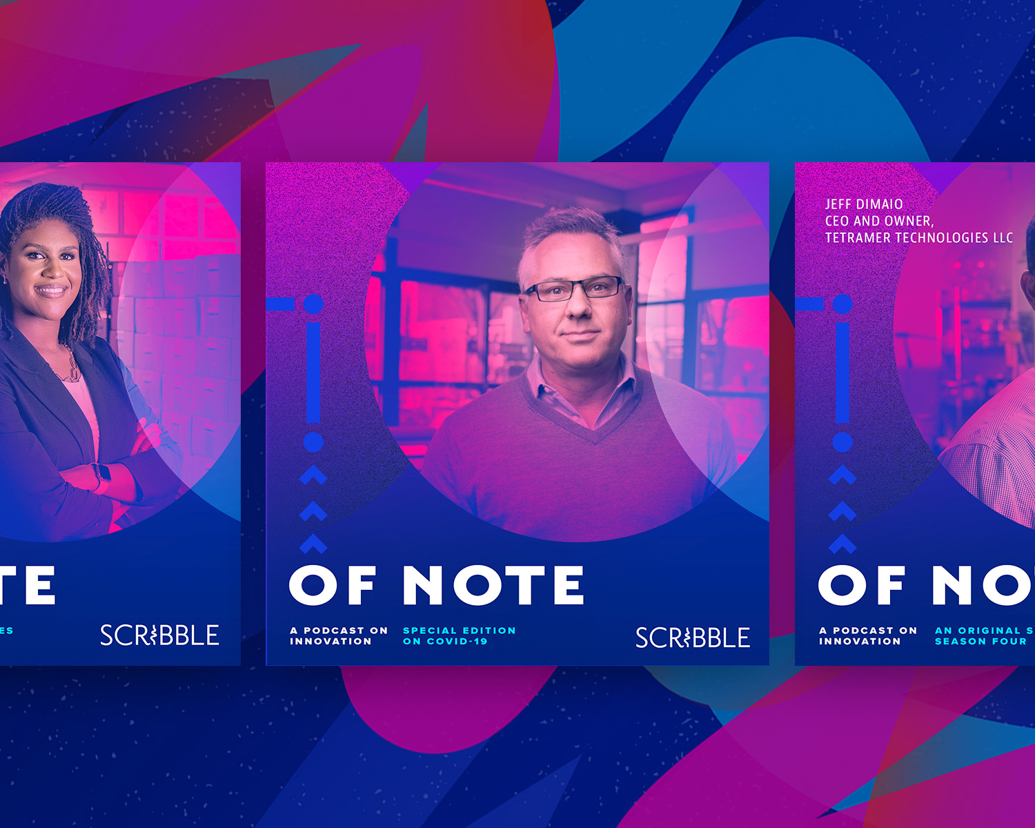 Covers of Scribble podcast episodes.